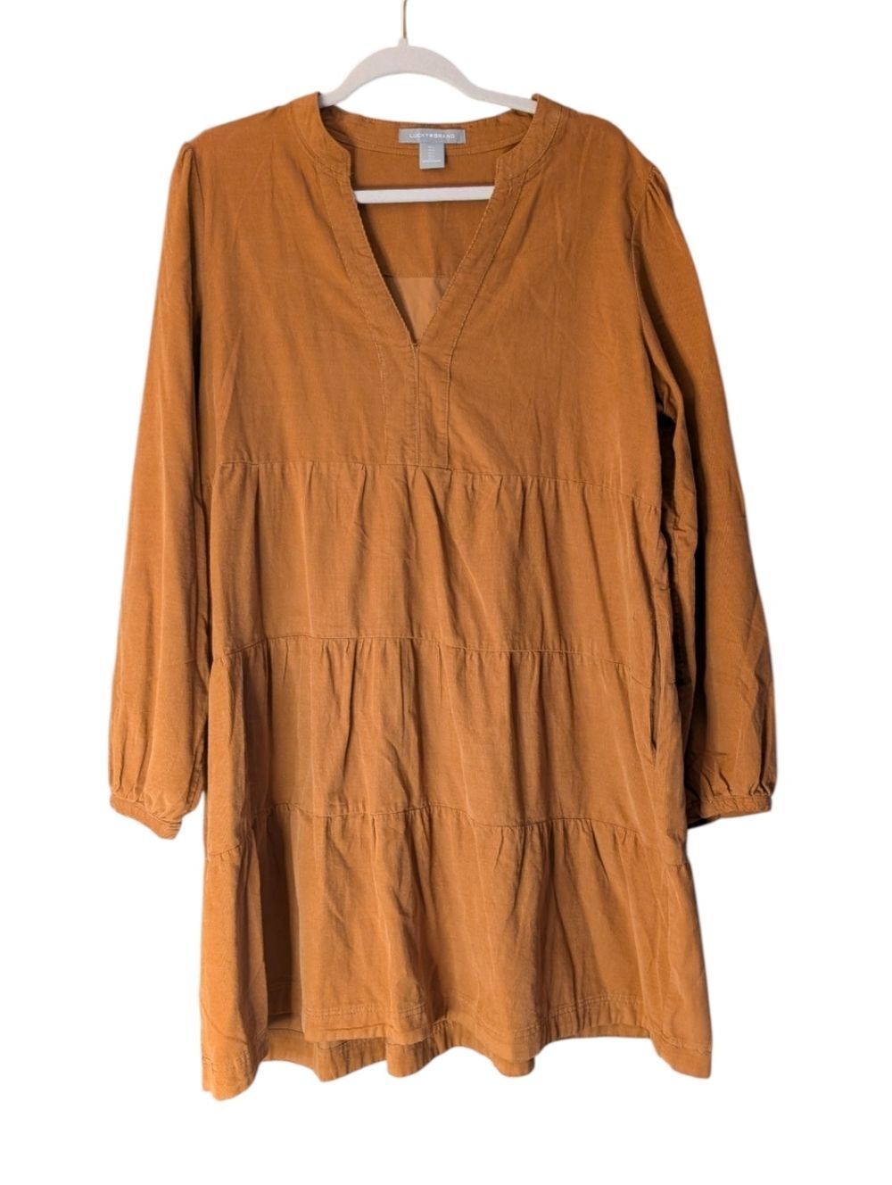 Lucky Brand Corduroy Tiered Dress Boho Western Prairie Fall golden brown Large